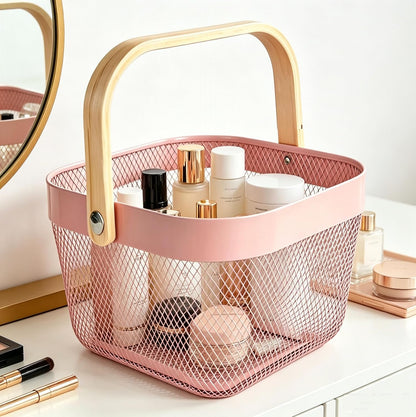 AJIODA Metal Mesh Wire Basket, Large Steel Basket with Wooden Handle Storage Organizer Basket Multi-functional Hanging Kitchen Baskets Fruit Baskets for Kitchen Bathroom Cabinet Pantry Snacks, Black