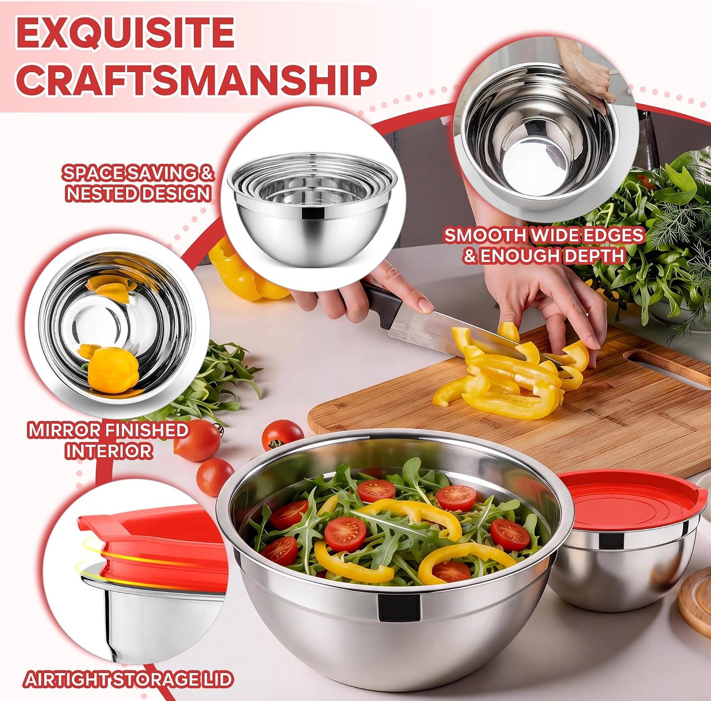 E-far Mixing Bowls With Lids Sets of 5, 10-Piece Stainless Steel Salad Metal Nesting Bowl for Baking Cooking and Prepping, Airtight Lid & Stackable Design, Size 4.6, 3, 2.1, 1.5, 0.7 QT, Black