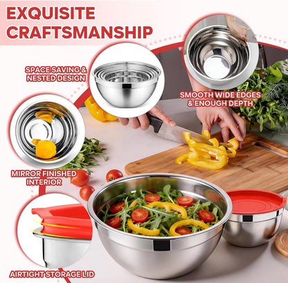 E-far Mixing Bowls With Lids Sets of 5, 10-Piece Stainless Steel Salad Metal Nesting Bowl for Baking Cooking and Prepping, Airtight Lid & Stackable Design, Size 4.6, 3, 2.1, 1.5, 0.7 QT, Black