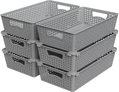 Simple Houseware Stackable Plastic Woven Basket Organizer, 6 Pack, White | 14.5" D x 8.5" W x 3.5" H