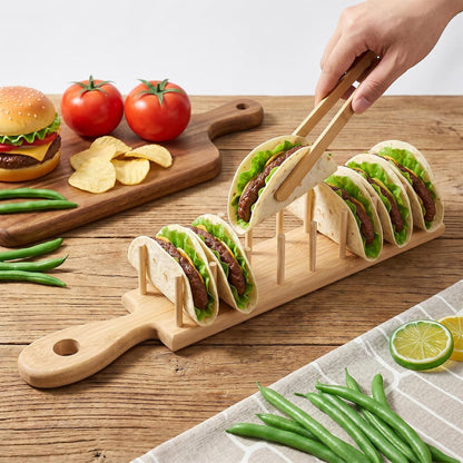 4 PCS Bamboo Taco Holder Set of Bamboo Taco Tray Tacos Tray with Tong Stand Holder Holds 8 Shells Each for Hard & Soft Shells Tacos Kitchen Serving Rack for Parties & Home