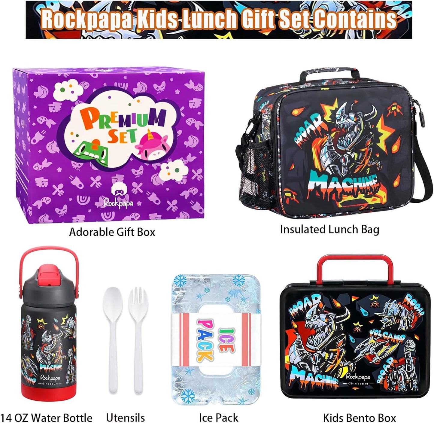 rockpapa Chill Kids Lunch Box Set with Leakproof 5.5 Cups Bento Box, Reusable Ice Pack, 14oz Insulated Water Bottle & Lunch Bag, BPA-Free Microwave Safe for School Boys Girls (Black Games)