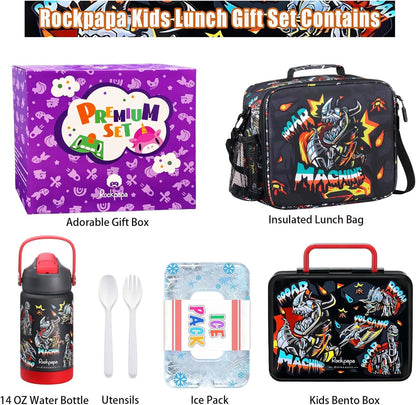 rockpapa Chill Kids Lunch Box Set with Leakproof 5.5 Cups Bento Box, Reusable Ice Pack, 14oz Insulated Water Bottle & Lunch Bag, BPA-Free Microwave Safe for School Boys Girls (Black Games)