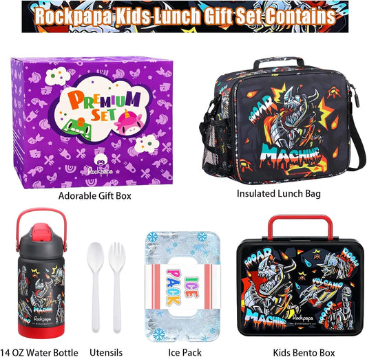 rockpapa Chill Kids Lunch Box Set with Leakproof 5.5 Cups Bento Box, Reusable Ice Pack, 14oz Insulated Water Bottle & Lunch Bag, BPA-Free Microwave Safe for School Boys Girls (Black Games)