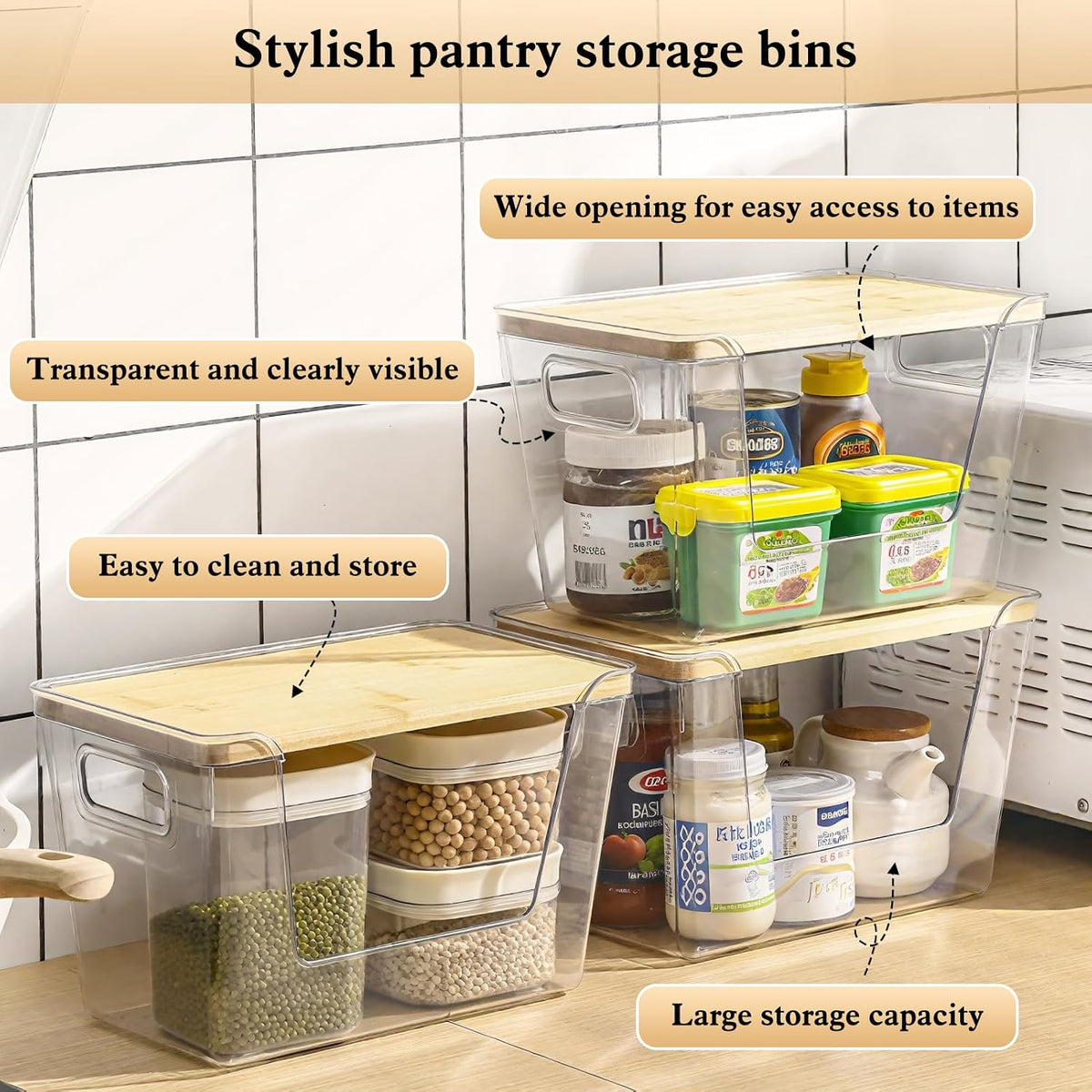 4 Set Stackable Storage Plastic Container with Removable Bamboo Cover | Kitchen Organizers Clear Front Open More Easy Access Bins Storage for Pantry, Potato, Onion, Garlic, Fruits, Vegetable
