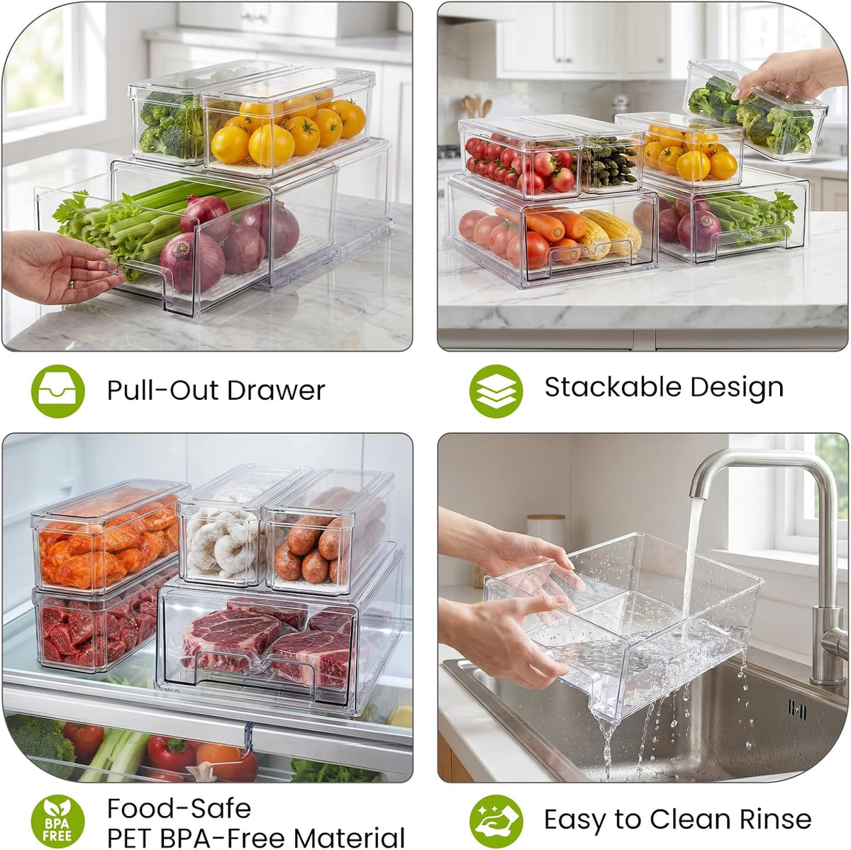 6Pack Fridge Organizers and Storage,Stackable Fridge Organizer Bins with Lids, 2 Pull Out Fridge Organizers and 4 Storage Container with Drain Tray for Fruits, Vegetables, Drinks, Snack and Food