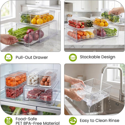 6Pack Fridge Organizers and Storage,Stackable Fridge Organizer Bins with Lids, 2 Pull Out Fridge Organizers and 4 Storage Container with Drain Tray for Fruits, Vegetables, Drinks, Snack and Food