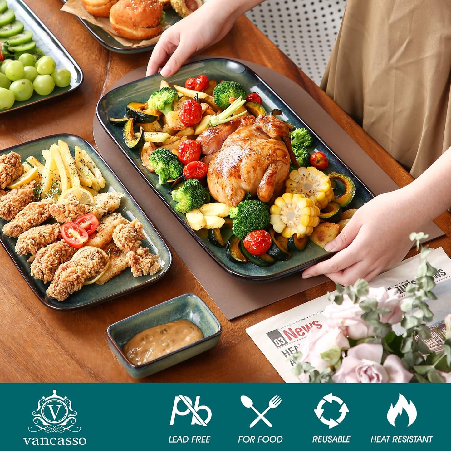 vancasso Stern Serving Platters Set of 3, 15/13/ 11 Inches Rectangular Serving Plates, Blue Serving Trays for Entertaining, Party