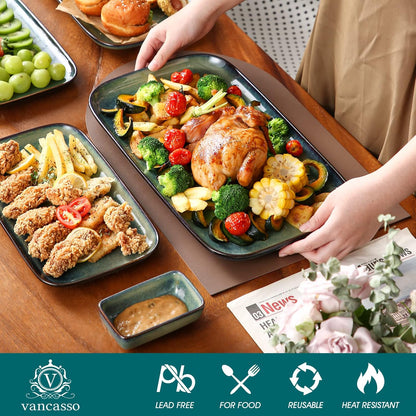 vancasso Stern Serving Platters Set of 3, 15/13/ 11 Inches Rectangular Serving Plates, Blue Serving Trays for Entertaining, Party