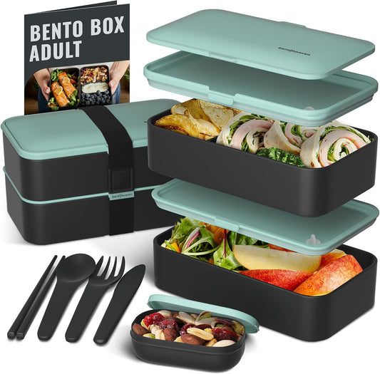 Bentoheaven Premium Bento Box Adult Lunch Box with Compartments for Women & Men, Set of Utensil & Chopsticks & Dip Container, Cute Japanese Kids Bento Lunch Box, Microwavable (Symph Onyx)