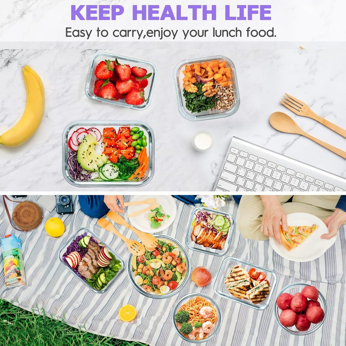 34pcs Glass Food Storage Containers with Lids Set, Airtight Glass Meal Prep Containers (17 Containers & 17 Lids), Leak Proof Lunch Container BPA-Free, Microwave, Oven, Freezer, Dishwasher Safe-Blue