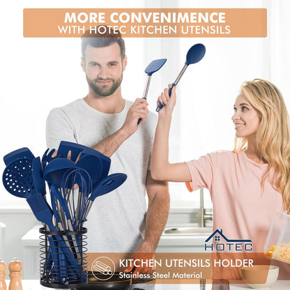 HOTEC 446°F Heat Resistant Silicone Kitchen Utensils, Cooking Utensil Set, Spatula Set, BPA Free, Kitchen Gadgets, With Stainless Steel Utensils Holder, Dishwasher Safe 14pcs Khaki