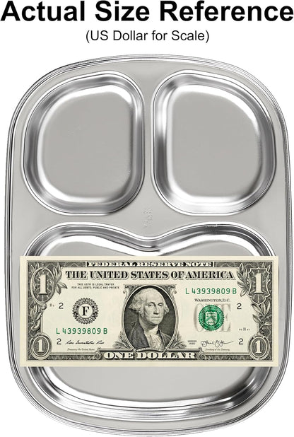 Korean Stainless Steel Divided Plates for Adults, Teens, Premium 304, Electro-Polished, No Black Residue, BPA-Free, Large 5-Compartment Food Tray, Diet Portion Control, Camping, Set of 2