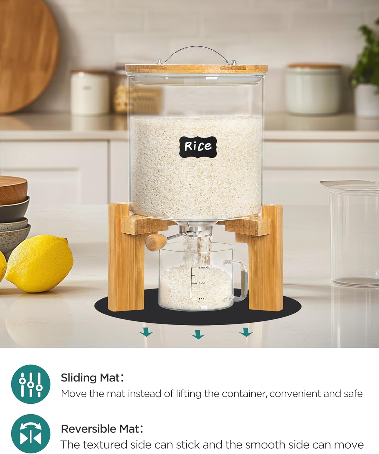 5-7 lbs Glass Rice Dispenser with Wooden Stand Flour and Cereal Container with Glass Measuring Cup & Labels & Slider mat Pantry Food Organization Storage Bin with Airtight Bamboo Lid, 3L
