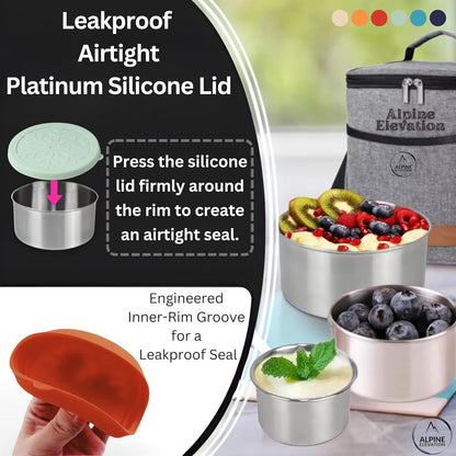 Alpine Elevation 12 Pcs - 6 Stainless Steel Containers + 6 Silicone Lids | 304 Stainless Steel Snack Container | Nesting Snack and Dip Containers | Metal Food Storage