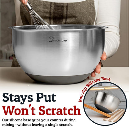 Priority Chef Stainless Steel Mixing Bowls with Lids Set, Metal Nesting Bowls with Airtight Lids, Graters, Non-Slip Base & Measurement Marks, Includes Utensil Set for Prep, Baking & Storage, Black