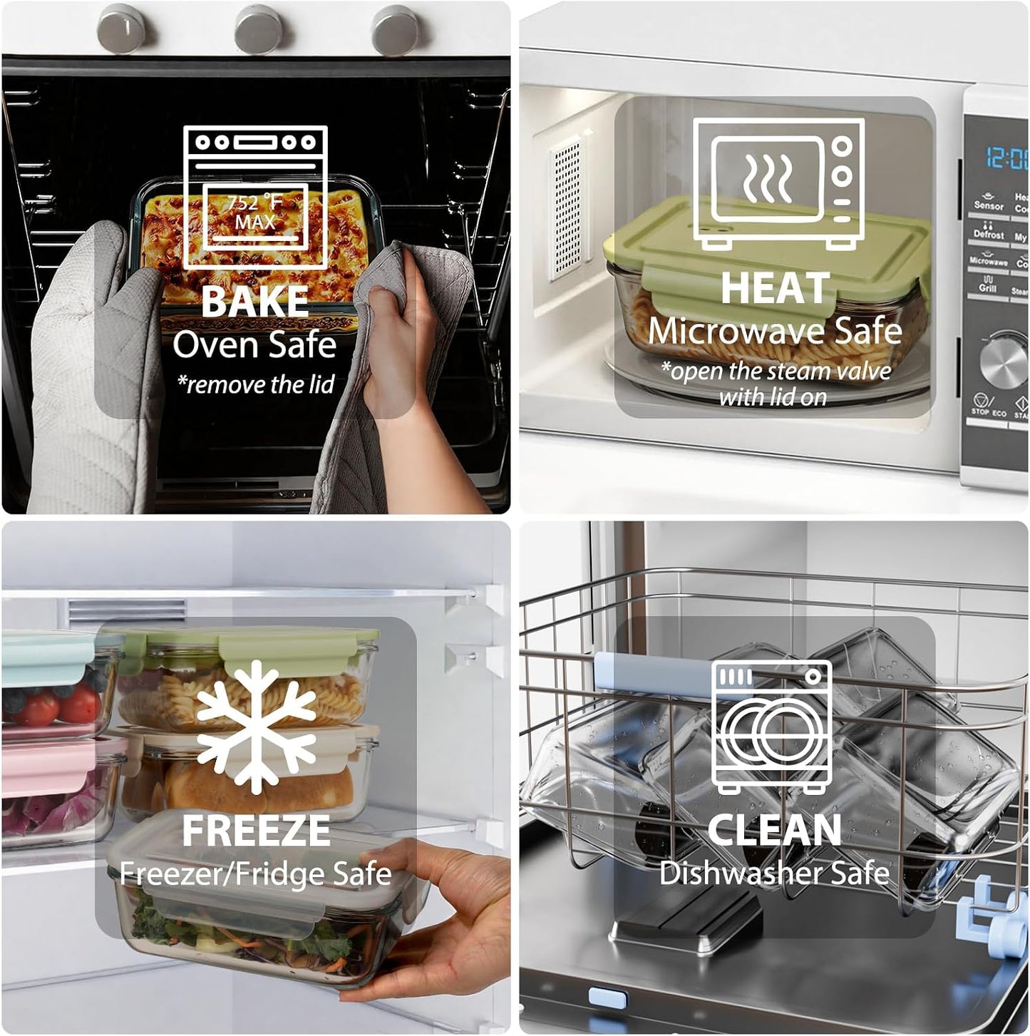 Freshmage 5 Pack 25oz Glass Meal Prep Containers with Air Vent Lids | Borosilicate Glass丨Snap Airtight Lids丨Lunch & Food Prep丨Microwave Oven Freezer Dishwasher Safe丨BPA-Free丨Rectangular