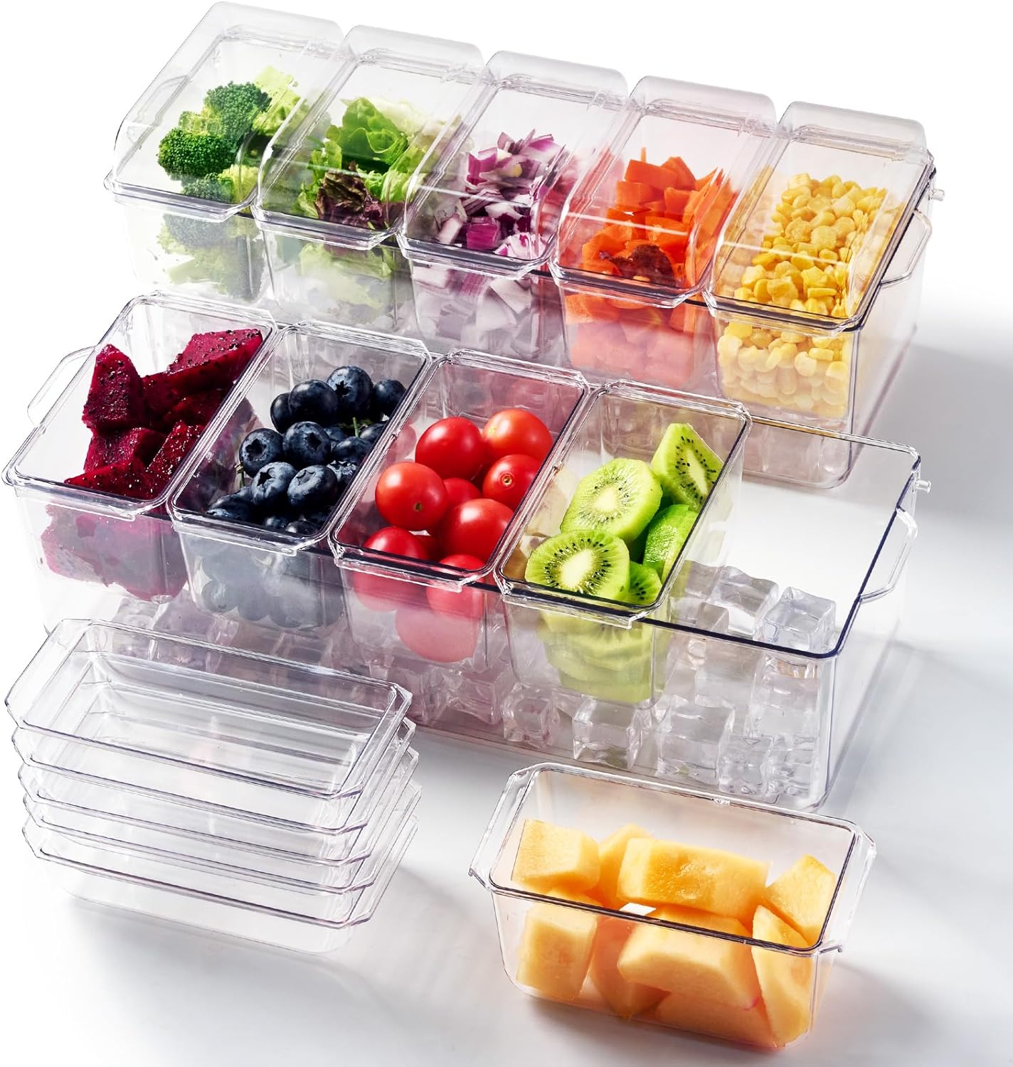 Chilled Condiment Tray Server with 5 Small Containers and Removable Compartments, Ice Chilled Condiment Organizer, Clear Garnish Serving Platter for Fruit, Salad, Food, Outdoor Events, Picnics