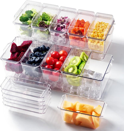 Chilled Condiment Tray Server with 5 Small Containers and Removable Compartments, Ice Chilled Condiment Organizer, Clear Garnish Serving Platter for Fruit, Salad, Food, Outdoor Events, Picnics