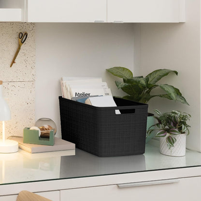 Curver Set of 4 Large 18L Easy Access Jute Decorative Plastic Organization and Storage Baskets - Perfect Bins for Home Office, Closet Shelves, Kitchen Pantry and All Bedroom Essentials, Black