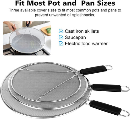 Splatter Screen for Frying Pan - 9.8" 11.4" 13" Stainless Steel Fine Mesh Grease Splatter Guard with Silicone Handle, Hot Oil Splash Guard for Cooking to Prevent Oil Splatter, Safe Cooking