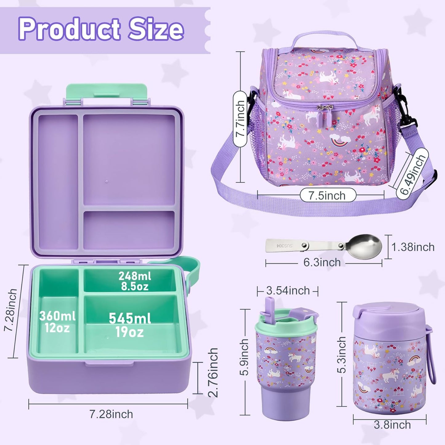 Bento Lunch Box for Kids with 17oz Soup Thermo,Insulated Tumbler Water Bottle and Insulated Lunch Bag,Leak-Proof 3 Compartment Lunch Food Container with Ice Pack for Kids to School-Horse