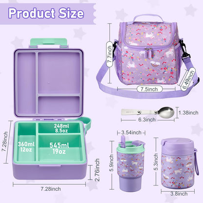 Bento Lunch Box for Kids with 17oz Soup Thermo,Insulated Tumbler Water Bottle and Insulated Lunch Bag,Leak-Proof 3 Compartment Lunch Food Container with Ice Pack for Kids to School-Horse