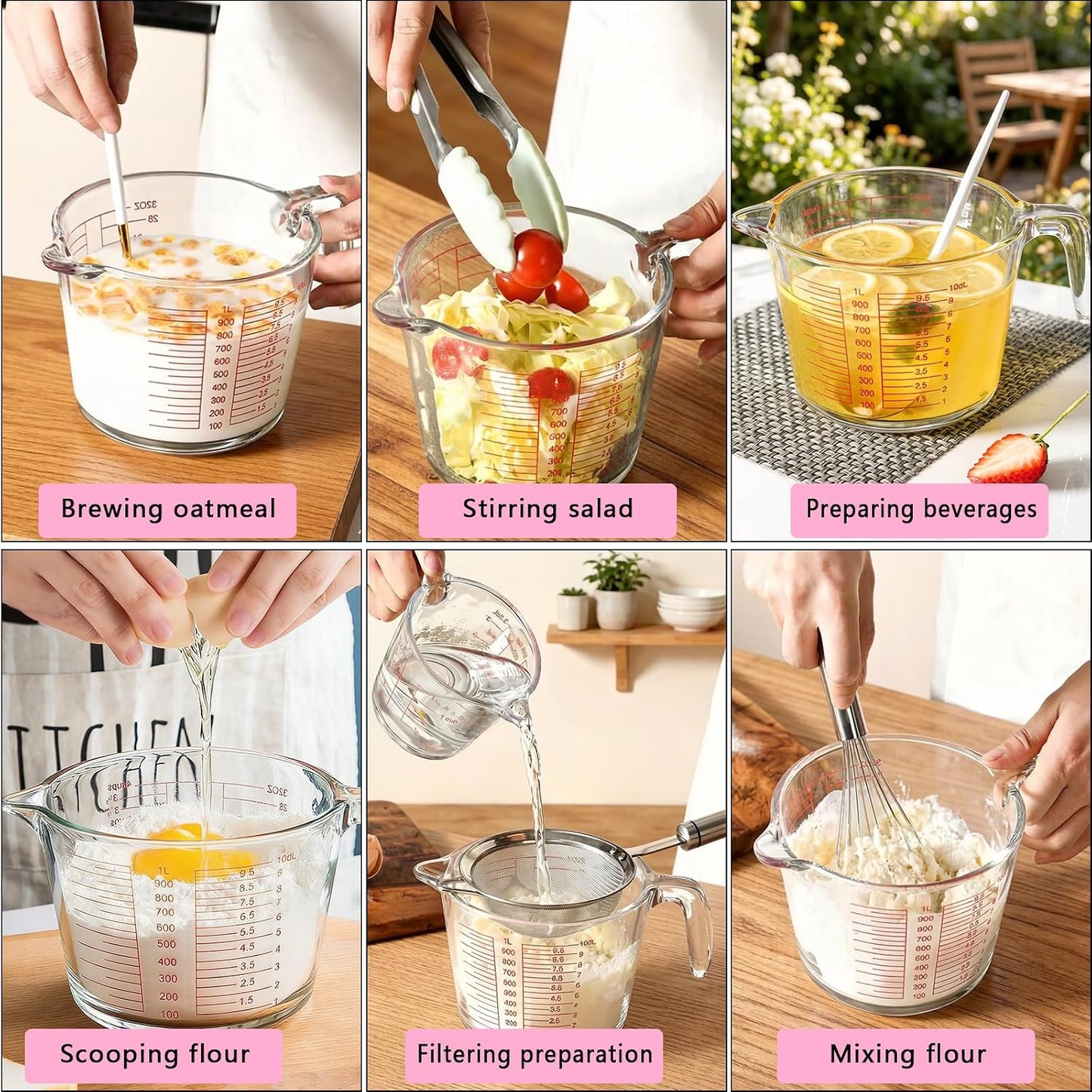 6 Pcs Glass Measuring Cups with Lids Set, 1-Cup, 2-Cup, 4-Cup Measuring Jugs with Handle For Prepping, Baking and Cooking (Pink)
