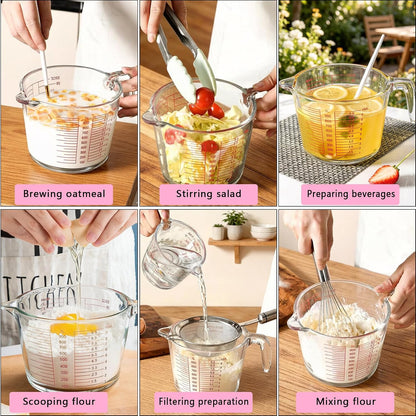 6 Pcs Glass Measuring Cups with Lids Set, 1-Cup, 2-Cup, 4-Cup Measuring Jugs with Handle For Prepping, Baking and Cooking (Pink)