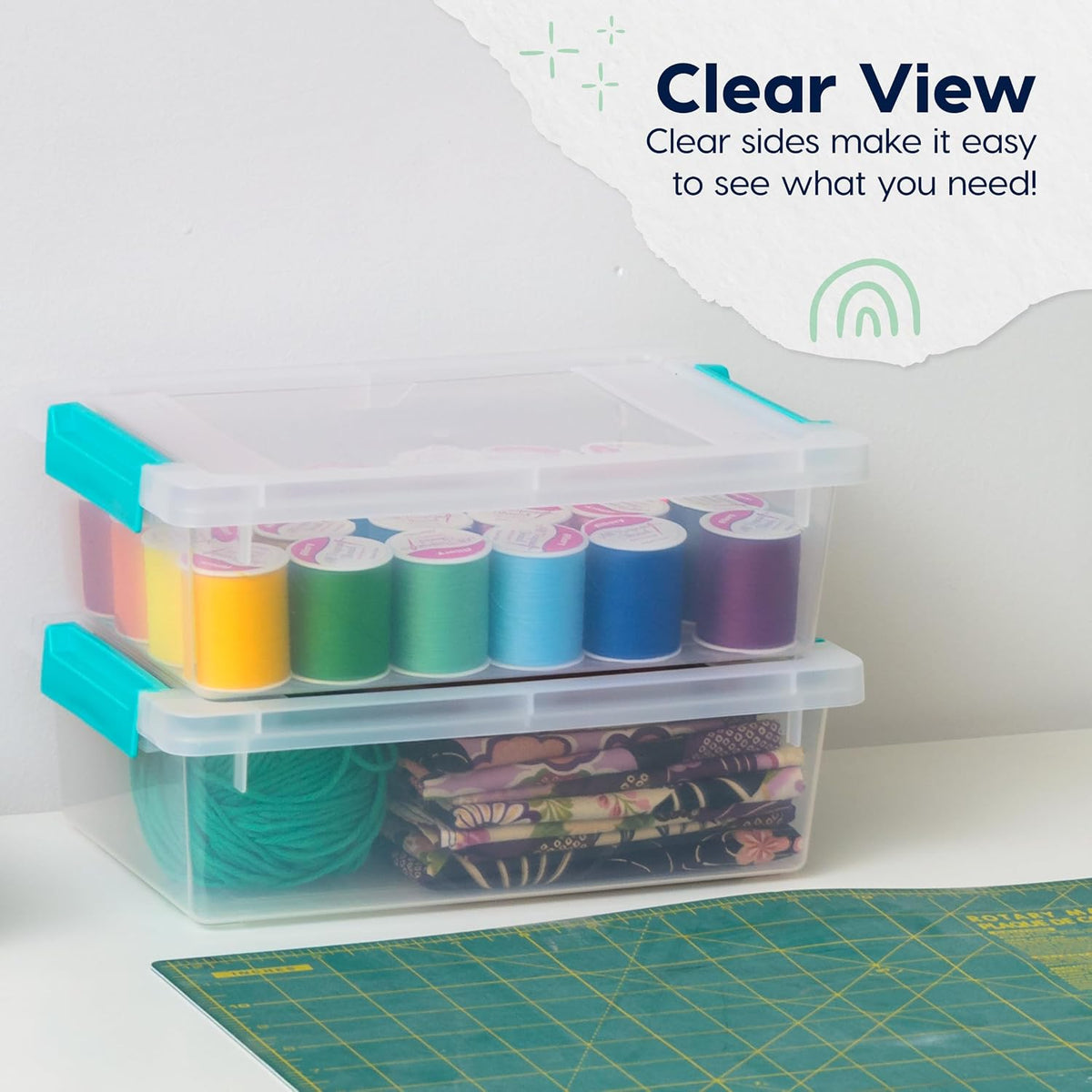 IRIS USA 12 Qt. Craft Storage Bins with Lids, 4-Pack, |Made in USA|, Clip Box, Medium Plastic Sensory Bin Tote Organizer Containers for Art Supplies, Paper, & Office, Stackable - Clear/Seafoam Blue