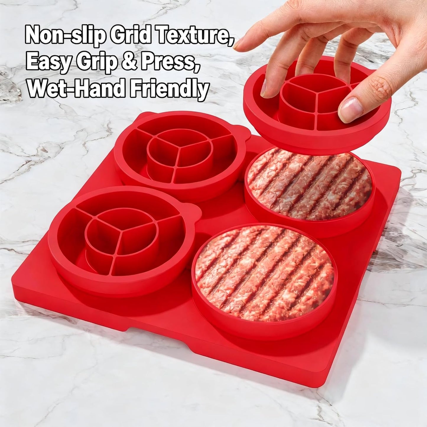 Hamburger Patty Press Maker, Silicone Burger Press Mold with Lid,4 Sealed Cavities,4.5 inch, Adjustable Thickness (1/4-1/2lbs) Hamburger Patty Container, Non-Stick,for Grill, BBQ, Meal Prep