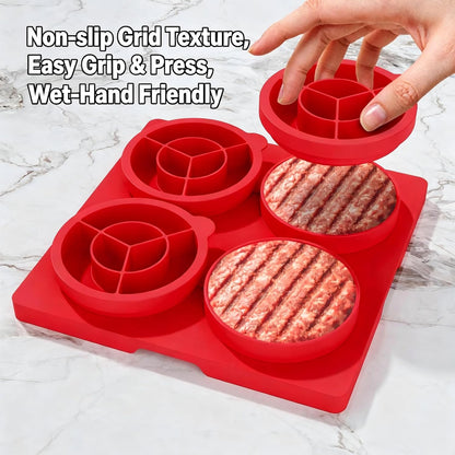 Hamburger Patty Press Maker, Silicone Burger Press Mold with Lid,4 Sealed Cavities,4.5 inch, Adjustable Thickness (1/4-1/2lbs) Hamburger Patty Container, Non-Stick,for Grill, BBQ, Meal Prep