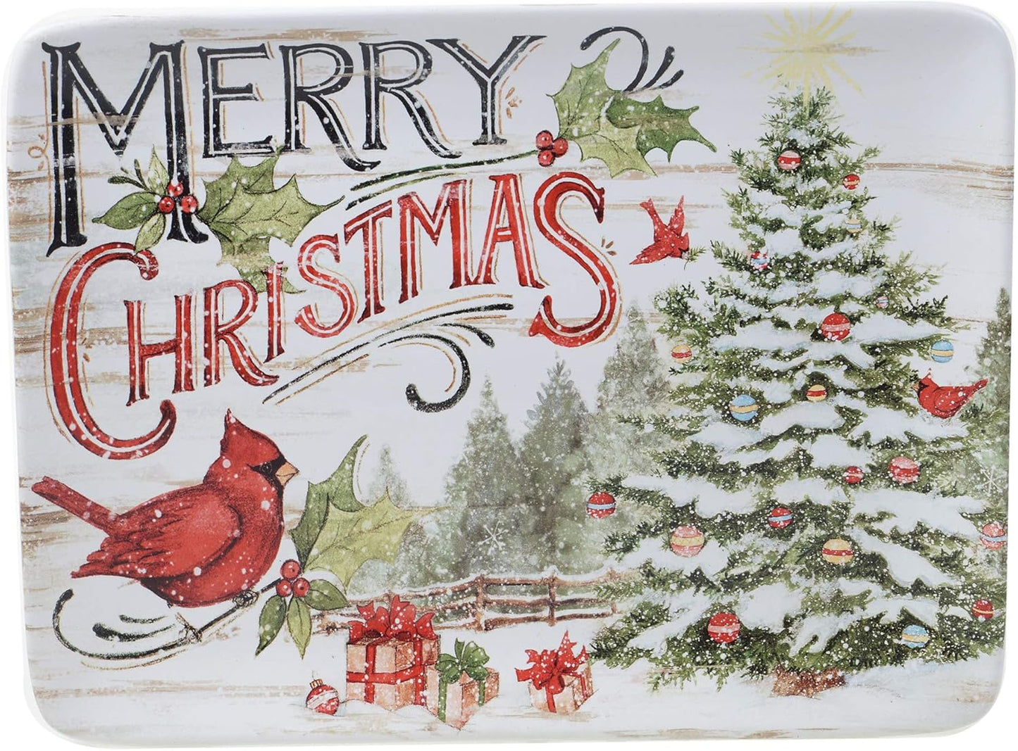 Evergreen Christmas 16x12 Rectangular Serving Platter with Santa & Tree Design – Festive Holiday Ceramic Tray for Roasts, Cookies, Charcuterie, and Holiday Entertaining – Set a Merry Table