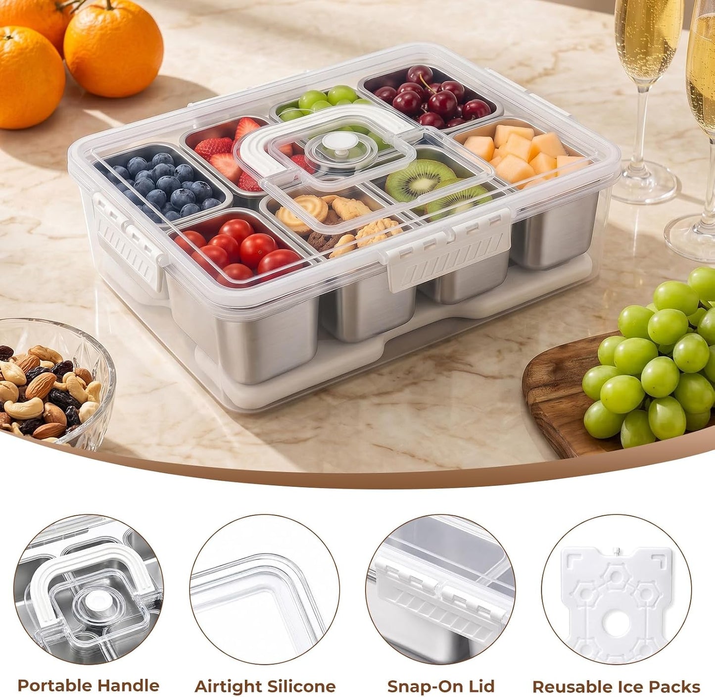 Homelove Snackle Box Container with ice-pack, Snack Container Divided Serving Tray with 8-Compartment Snack Platter, Lid and Handle, Food Organizer for Outdoor Travel Party Beach Picnic