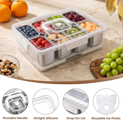 Homelove Snackle Box Container with ice-pack, Snack Container Divided Serving Tray with 8-Compartment Snack Platter, Lid and Handle, Food Organizer for Outdoor Travel Party Beach Picnic