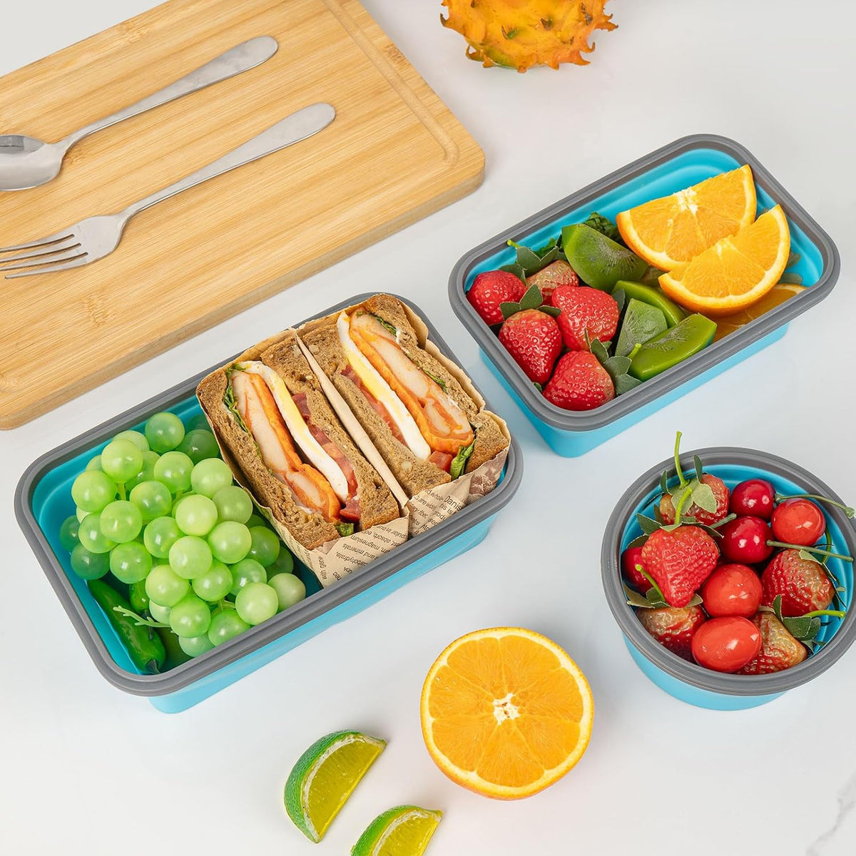 Collapsible Silicone Food Storage Containers Set with Lid & Air Vent,Foldable Lunch Containers(4PCS,Blue,27oz)