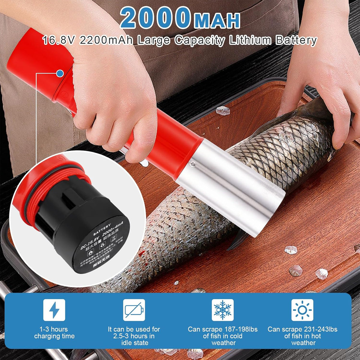 2000mAh Cordless Electric Fish Scaler Remover, Forward & Reverse Function
