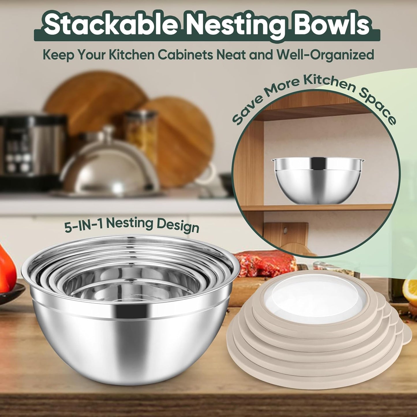 Herogo 5-Piece Mixing Bowls with Airtight Lids, 3 Grater Attachments, Stainless Steel Salad Serving Bowls for Kitchen, Size 4.6, 3.5, 2.5, 2, 1.5QT Ideal for Prepping & Cooking, Black
