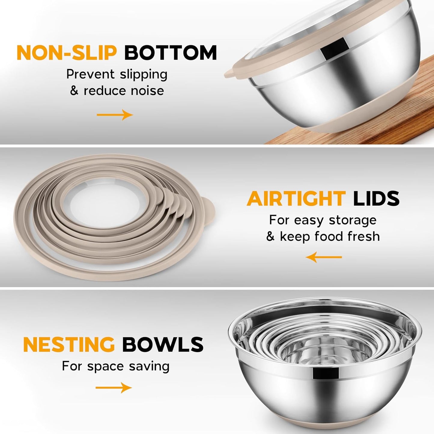 Onader Colorful Mixing Bowl Set of 6 for Kitchen, Large Stainless Steel Metal Nesting Mixing Bowls with Airtight Lids, Non Slip - Size 0.7, 1, 1.5, 2, 2.6, 4.6QT
