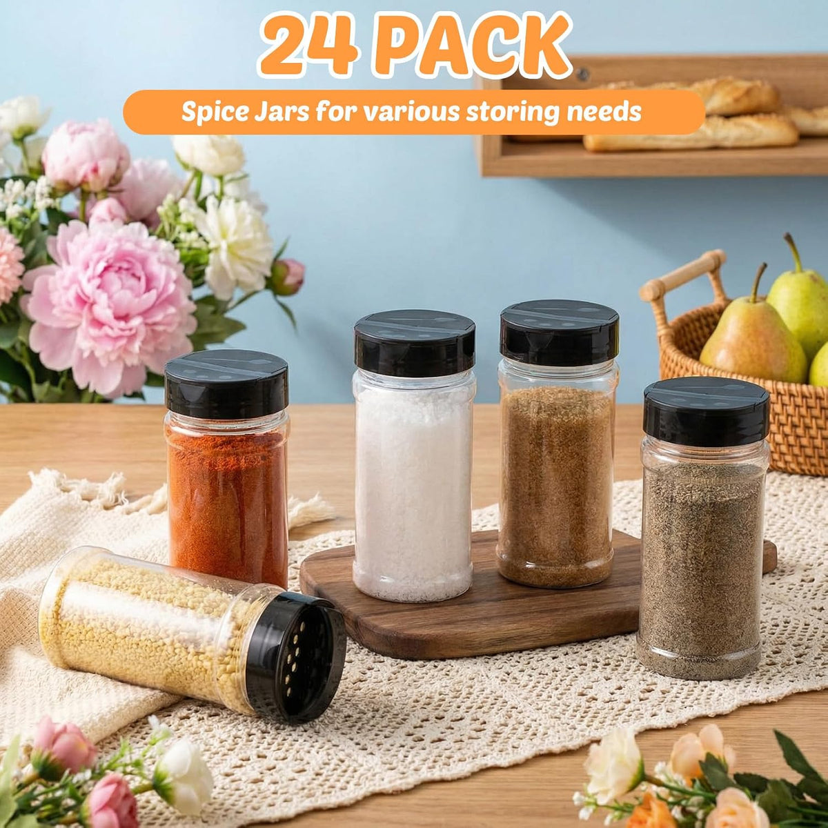 Jadive Plastic Spice Jars with Shaker Lids, 5.5oz, Black