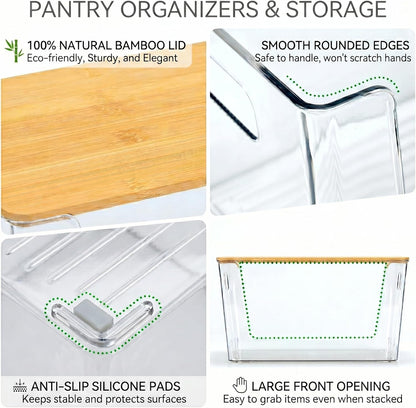CiWiVOKi 6 Pack Clear Stackable Storage Bins with Bamboo Lids, 3.7L BPA-Free Plastic Organizer Containers with Handles, for Pantry, Kitchen, Fridge, Bathroom, Cabinet & Closet Organization