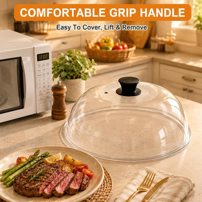 11.5in Tall Glass Microwave Splatter Cover for Food – Heat Resistant Plate Splatter Guard Lid with Vent Hole & Easy-to-Grip Handle – No Plastic, Dishwasher Safe – Borosilicate Glass