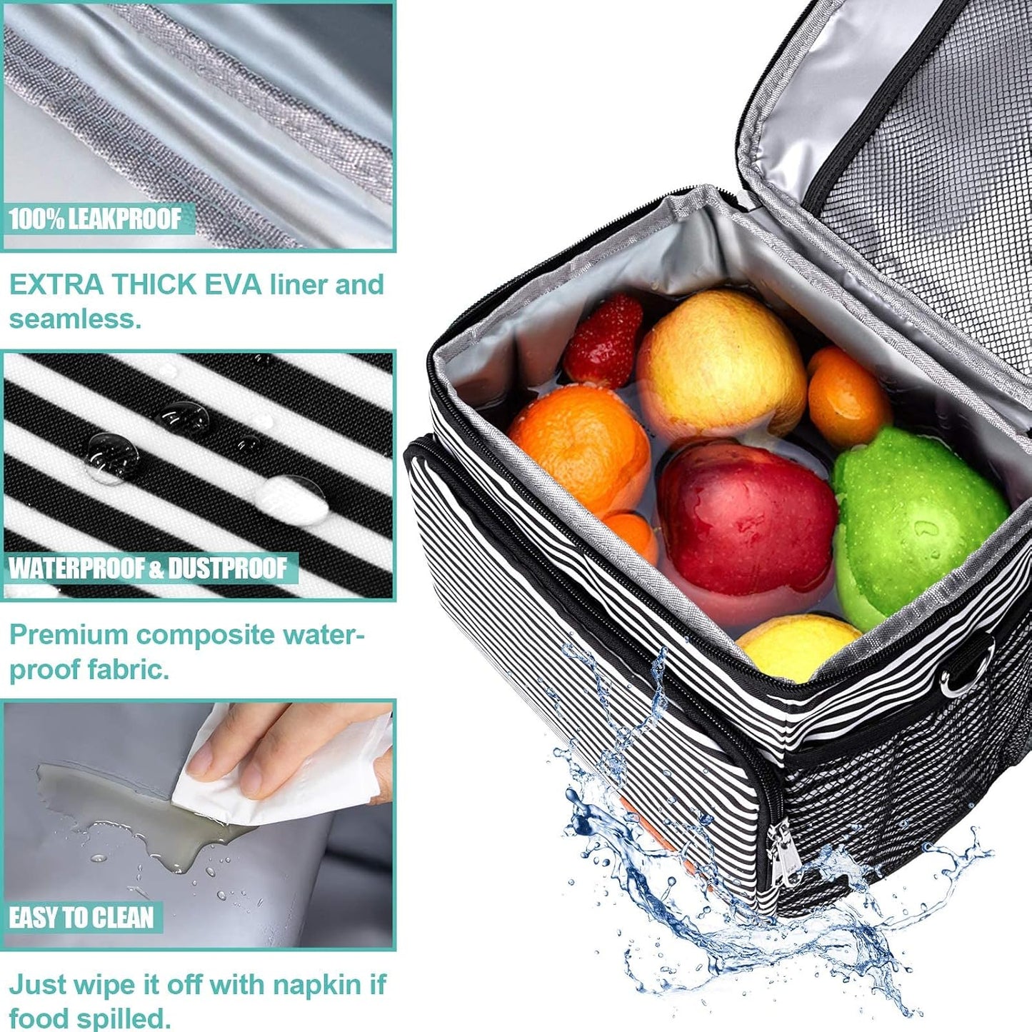 Tiblue Insulated Lunch Bag for Women/Men, Reusable Lunch Box for Office Work School Picnic,Leakproof Freezable Cooler Bag with Adjustable Shoulder Strap for Kid/Adult(Medium, Black & White Stripes)