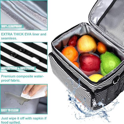 Tiblue Insulated Lunch Bag for Women/Men, Reusable Lunch Box for Office Work School Picnic,Leakproof Freezable Cooler Bag with Adjustable Shoulder Strap for Kid/Adult(Medium, Black & White Stripes)