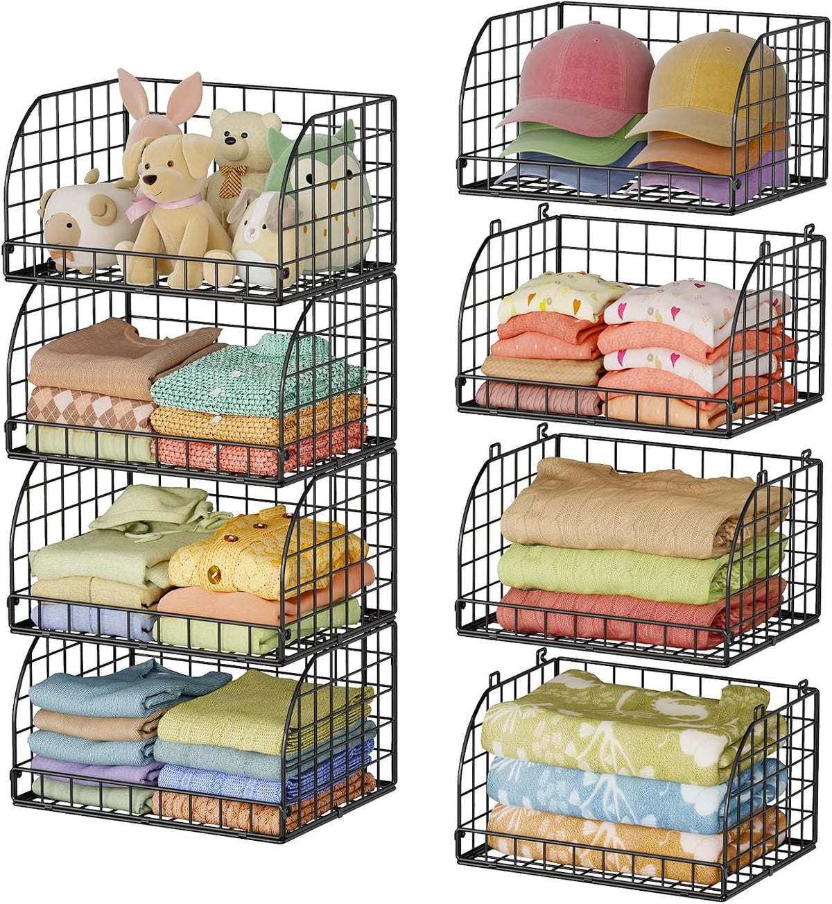 Lyuwanxian 4-Pack Stackable Wire Baskets for Closet Organizers and Storage, Open Storage Bins for Clothes, Toys, and Snacks - Rustic Metal Closet Organizer and Shelves in Black