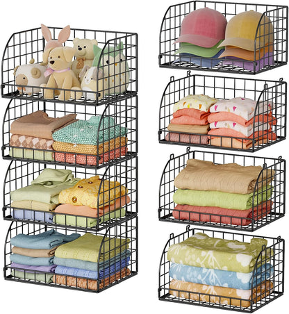 Lyuwanxian 4-Pack Stackable Wire Baskets for Closet Organizers and Storage, Open Storage Bins for Clothes, Toys, and Snacks - Rustic Metal Closet Organizer and Shelves in Black