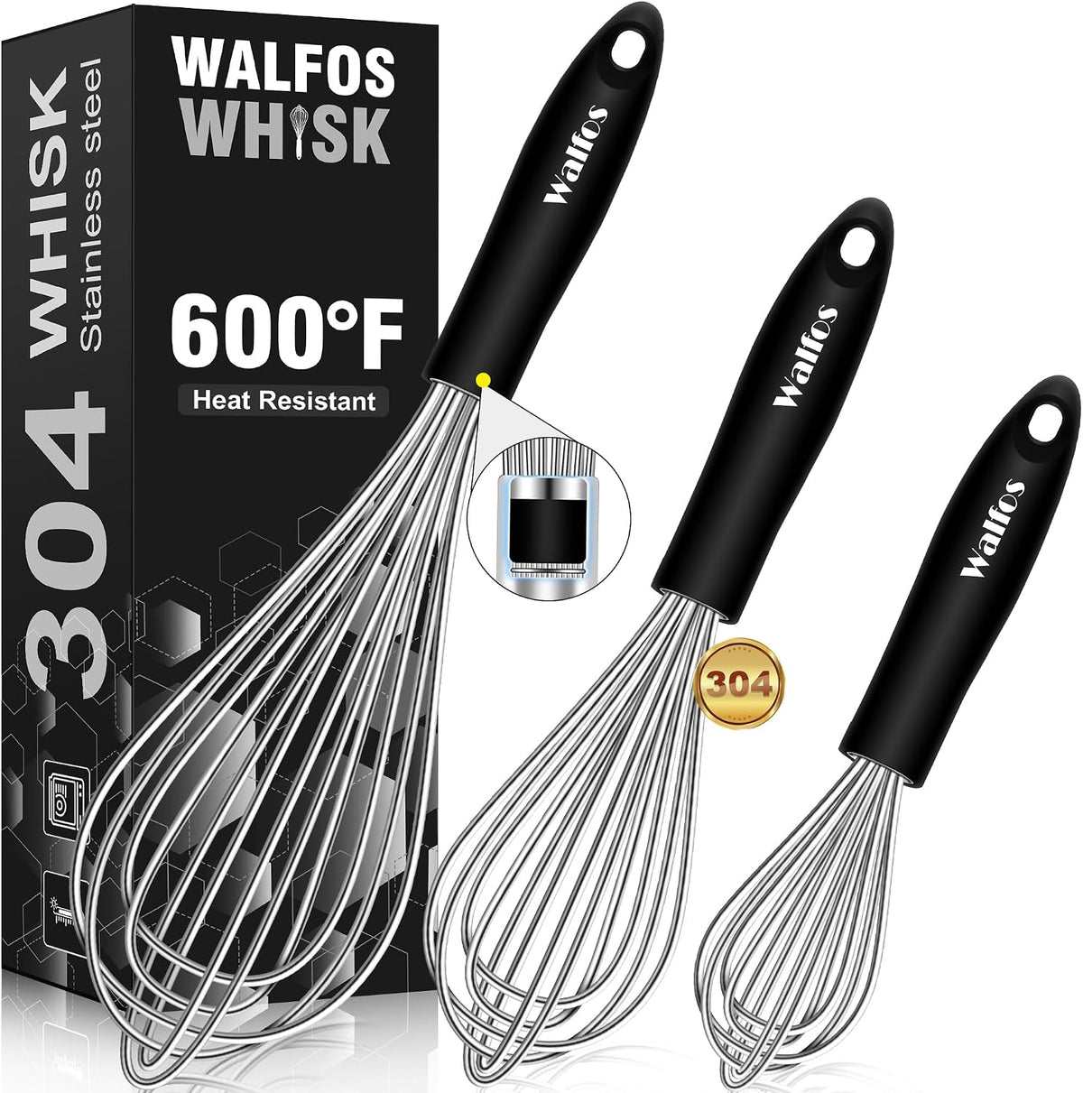Walfos Silicone Whisk,Stainless Steel Wire Whisk -Heat Resistant 480°F Kitchen Whisks for Non-stick Cookware,Balloon Egg Beater Perfect for Blending,Whisking,Beating,Frothing & Stirring,Black