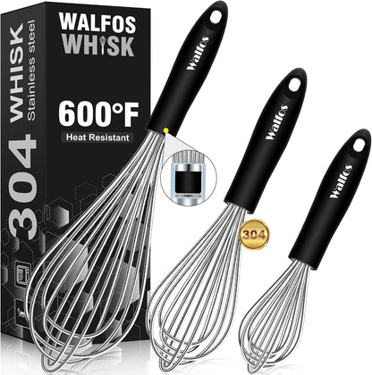 Walfos Silicone Whisk,Stainless Steel Wire Whisk -Heat Resistant 480°F Kitchen Whisks for Non-stick Cookware,Balloon Egg Beater Perfect for Blending,Whisking,Beating,Frothing & Stirring,Black