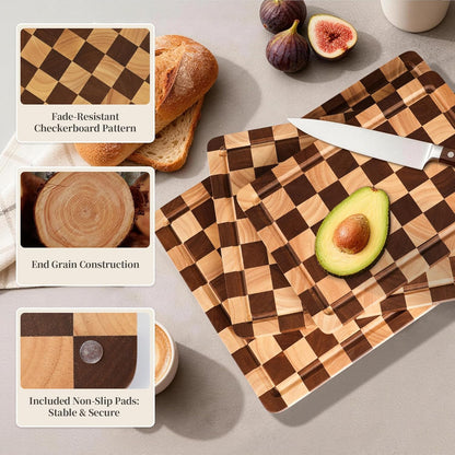 Checkered Cutting Board Set for Kitchen - 3 PCS Solid Wood End Grain Checkerboard Chopping Board with Holder & Juice Groove, Wooden Cutting Boards for Meat, Vegetables, Fruits (S, M, L)