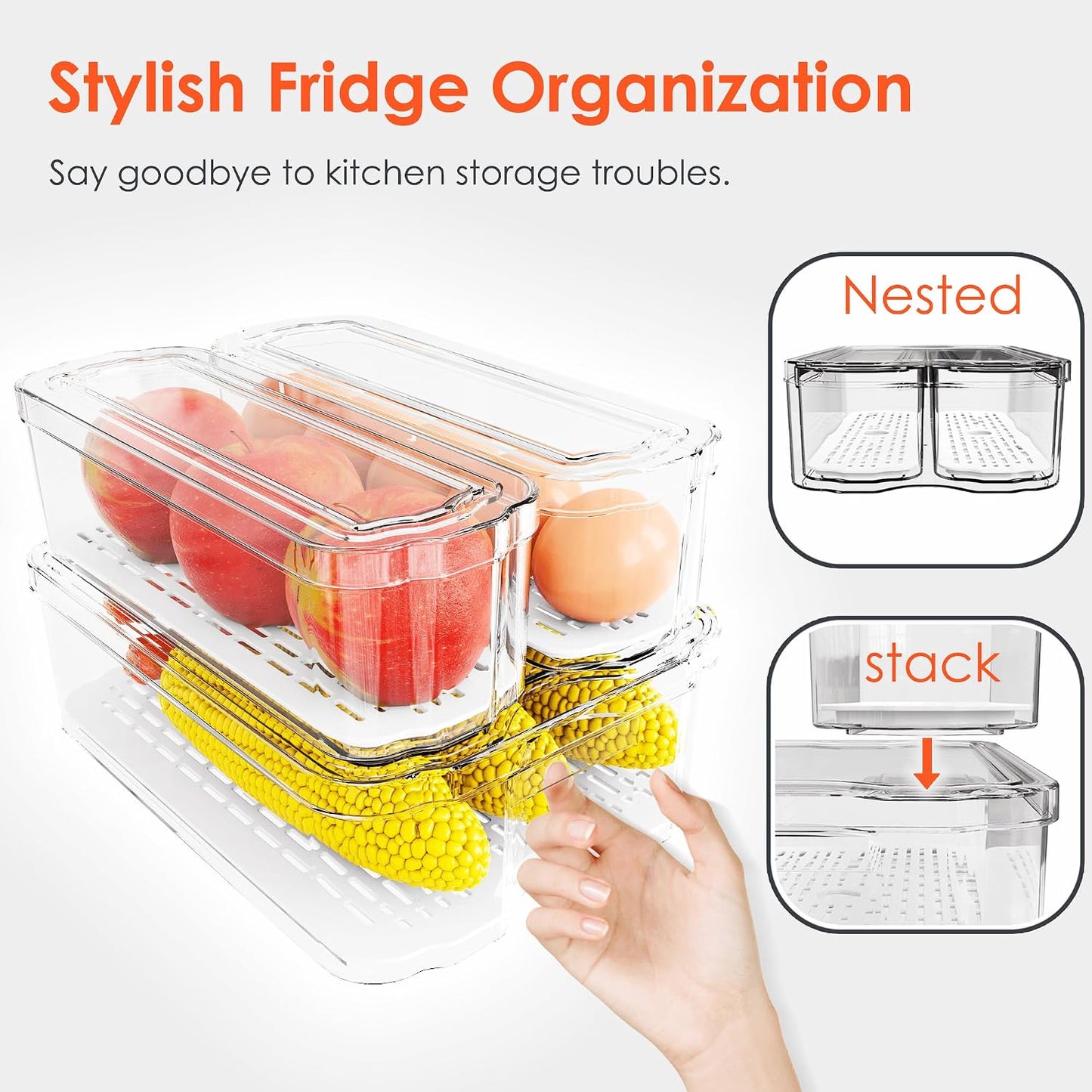 SMRCAD Fridge Organizers and Storage, Automatic Rolling Egg Holder and 6 Pack Fruit Organizer Bins with Lids for Fridge, Freezer, Refrigerator